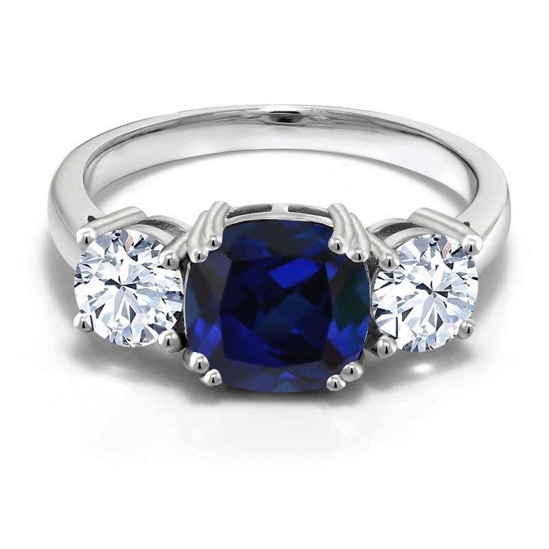 Gem Stone King 4.00 Ct Blue Simulated Sapphire Engagement Ring For Women | 925 Sterling Silver | Gemstone Birthstone | Cushion 8MM and Round 5MM | 3 Stone Wedding Anniversary Promise Ring (Size 8) - Image 1